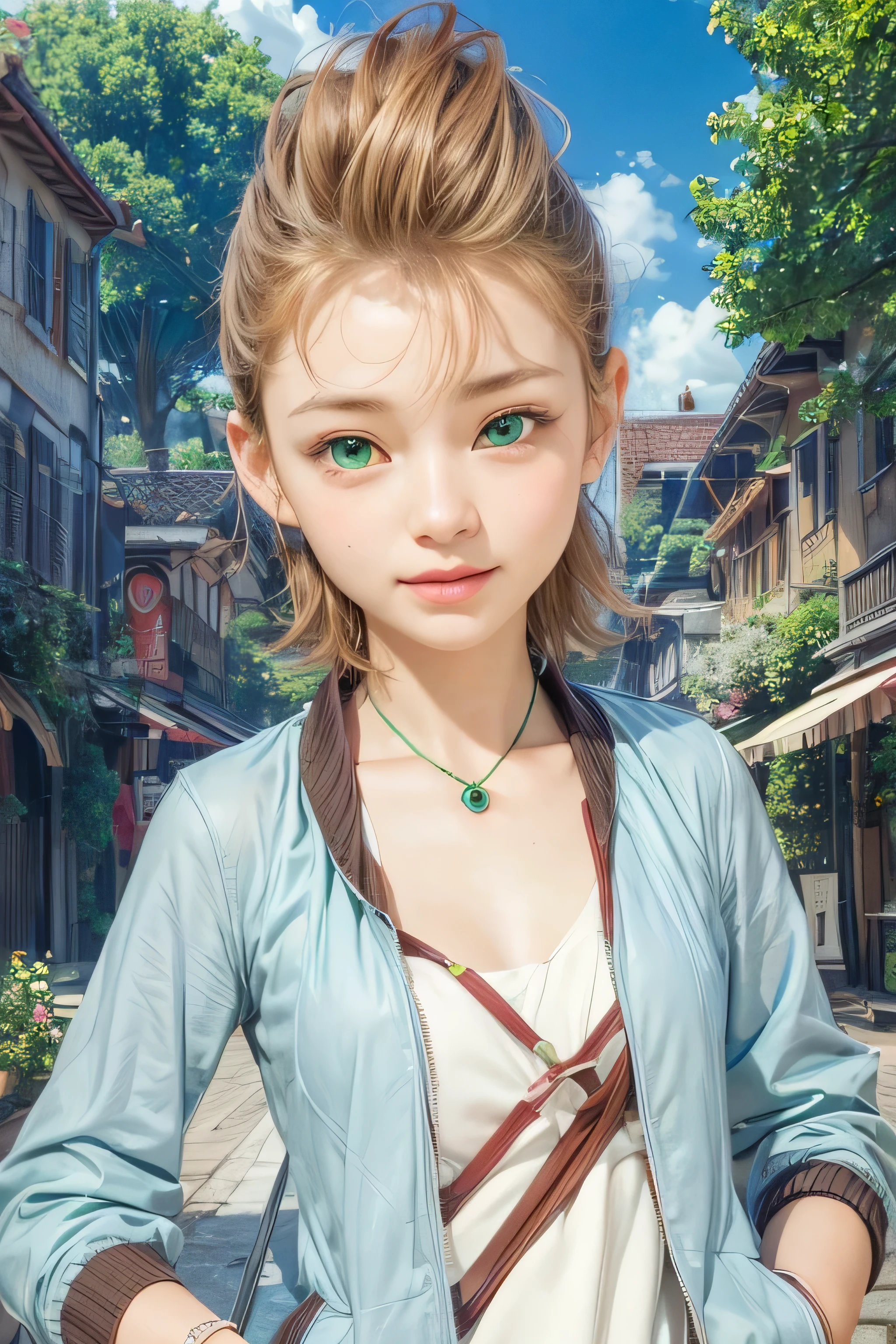 masterpiece, best quality, (realistic,photo-realistic:1.4), (RAW photo:1.2), extremely detailed CG unity 8k wallpaper, delicate and beautiful, amazing,finely detail, official art, absurdres, incredibly absurdres, huge filesize, ultra-detailed,extremely detailed eyes and face,light on face,(little smile),(brown hair:1.4),(very short hair:1.4),(wearing jacket:1.4),(nature background:1.4),(emerald eyes:1.5),t-shirt