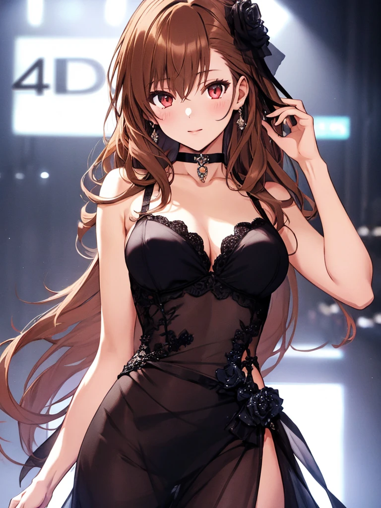 Evening Dresses, Runway, Fashion Model, Misaka Mikoto, 1girl, black choker, uhd, retina, masterpiece, ccurate, anatomically correct, textured skin, super detail, high details, high quality, best quality, highres, 4K