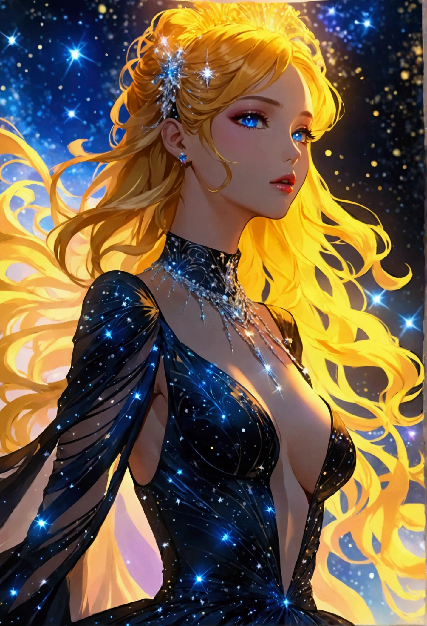 a glamour picture shot, of an elite model covered in stars, walking on a (dark catwalk: 1.2), an extraordinary glamourous elite female model, ((full body: 1.5)),  ((anatomically correct: 1.5), (ultra detailed face: 1.2), best detailed face, yrllow hair, long hair, lush hair, glam hair cut, blue eyes, delicate face, light make up, wearing intricate detailed dress, glamour dress, haute couture dress, elite fashion dress, black as night dress, decorated with bright stars, starlight,  small cleavage, wearing high heels, elegant high heels, she wears diamond necklace, she is glows in a soft starry light, she walks on asteroid catwalk, elite fashion show background, vibrant, Hyperrealism style, vibrant, Ultra-high resolution, High Contrast, (masterpiece:1.5), highest quality, Best aesthetics), best details, best quality, highres, ultra wide angle, 16k, [ultra detailed], masterpiece, best quality, (extremely detailed) RAW, chumbasket art style, photograph, ladyshadow