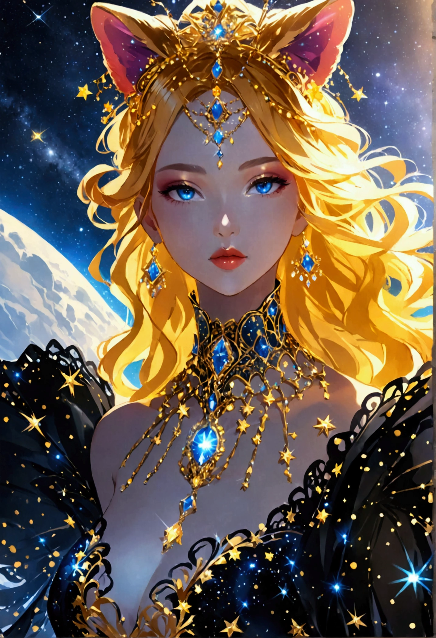 a glamour picture shot, of an elite model covered in stars, walking on a (dark catwalk: 1.2), an extraordinary glamourous elite female model, ((full body: 1.5)),  ((anatomically correct: 1.5), (ultra detailed face: 1.2), best detailed face, yrllow hair, long hair, lush hair, glam hair cut, blue eyes, delicate face, light make up, wearing intricate detailed dress, glamour dress, haute couture dress, elite fashion dress, black as night dress, decorated with bright stars, starlight,  small cleavage, wearing high heels, elegant high heels, she wears diamond necklace, she is glows in a soft starry light, she walks on asteroid catwalk, elite fashion show background, vibrant, Hyperrealism style, vibrant, Ultra-high resolution, High Contrast, (masterpiece:1.5), highest quality, Best aesthetics), best details, best quality, highres, ultra wide angle, 16k, [ultra detailed], masterpiece, best quality, (extremely detailed) RAW, chumbasket art style, photograph, ladyshadow