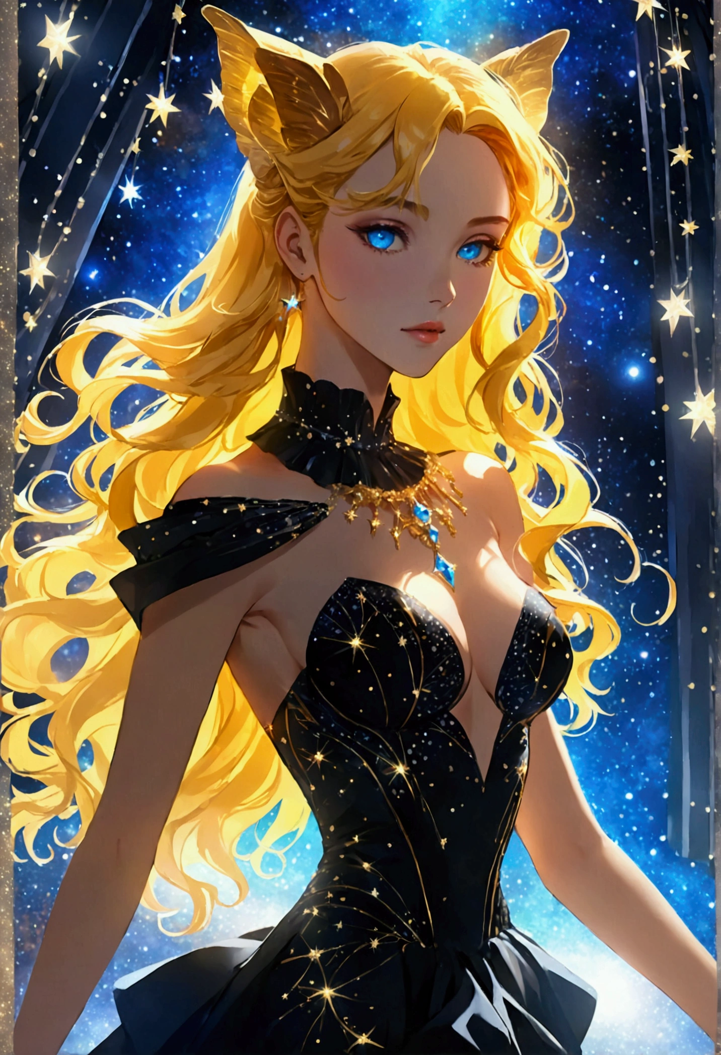 a glamour picture shot, of an elite model covered in stars, walking on a (dark catwalk: 1.2), an extraordinary glamourous elite female model, ((full body: 1.5)),  ((anatomically correct: 1.5), (ultra detailed face: 1.2), best detailed face, yrllow hair, long hair, lush hair, glam hair cut, blue eyes, delicate face, light make up, wearing intricate detailed dress, glamour dress, haute couture dress, elite fashion dress, black as night dress, decorated with bright stars, starlight,  small cleavage, wearing high heels, elegant high heels, she wears diamond necklace, she is glows in a soft starry light, she walks on asteroid catwalk, elite fashion show background, vibrant, Hyperrealism style, vibrant, Ultra-high resolution, High Contrast, (masterpiece:1.5), highest quality, Best aesthetics), best details, best quality, highres, ultra wide angle, 16k, [ultra detailed], masterpiece, best quality, (extremely detailed) RAW, chumbasket art style, photograph, ladyshadow