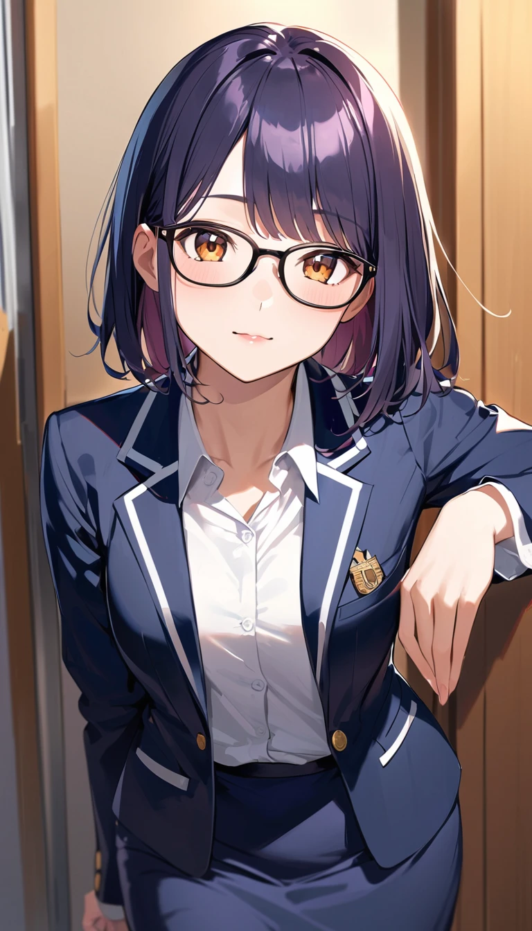 a woman , Black-rimmed glasses,Bob, A simple navy blazer uniform, White shirt as inner, Navy blue long skirt,high school student