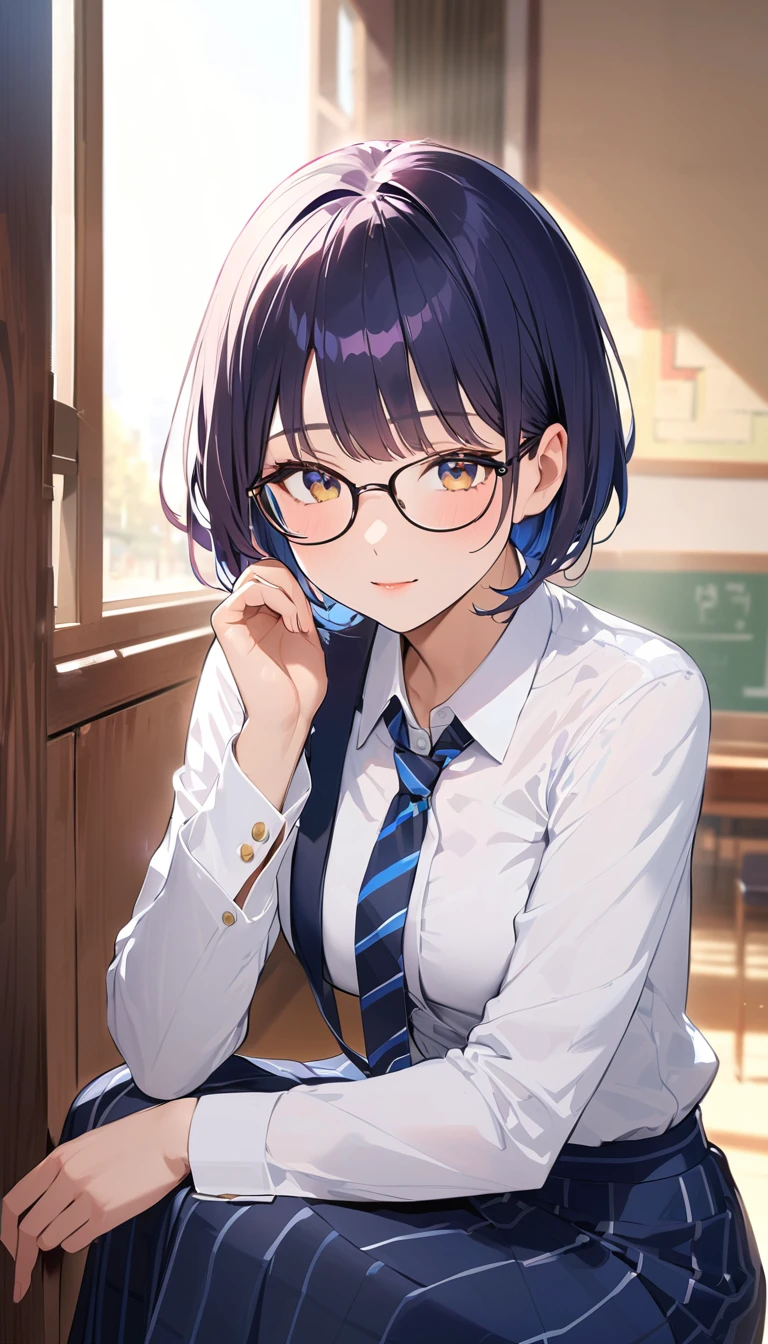 a woman , Black-rimmed glasses,Bob, A simple navy blazer uniform, White shirt as inner, Navy blue long skirt,high school student