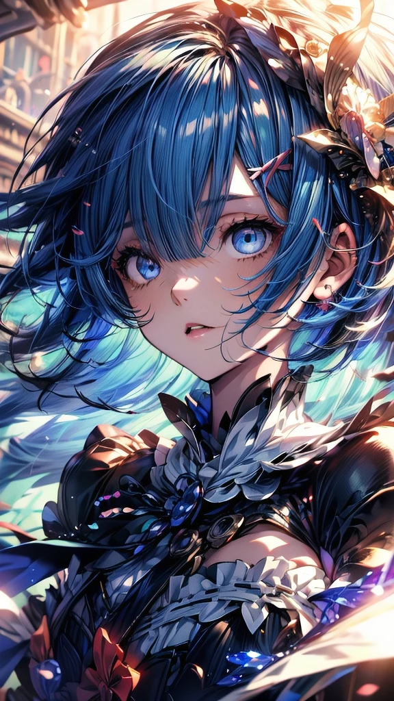 (Highest quality),(masterpiece), 8k,Very detailed, Detailed light, Best Shadow,Detailed reflective eyes, Beautiful Eyes, Very detailedな顔,Shiny Hair,One person,Gloss,Short Bob,Blue Hair,Blue Eyes,enchanting,Expressionless,Quiet anger,whole body,front,Re:Zero,rem,Rem,darkness,face is dirty for painting,Dynamic Angle,Shining blue eyes,Lock,