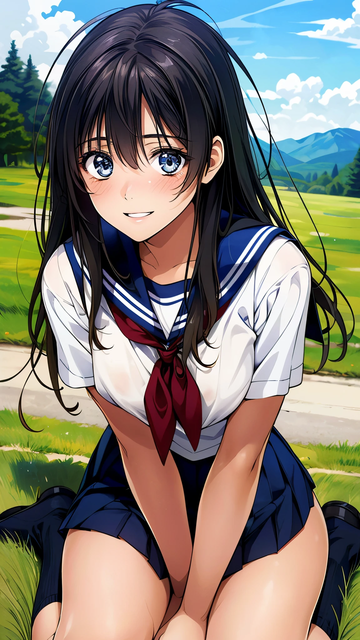 (masterpiece:1.2, top-quality, ultra high res, ultra detailed), (realistic, photorealistic:1.2), beautiful illustration, perfect lighting, natural lighting, colorful, depth of fields, nsfw, vulgality,
beautiful detailed hair, extremely detailed face, beautiful detailed eyes, beautiful clavicle, beautiful body, beautiful chest, beautiful thigh, beautiful legs, beautiful fingers,
looking at viewer, 1 girl, kitamurakaori, (perfect anatomy, anatomically correct, super detailed skin), cute and symmetrical face,
perfect face, perfect eyes, perfect body, perfect fingers, (skindentation), white skin, shiny skin,
(long hair, straight hair, messy hair:0.6, black hair), swept bangs, blue eyes, drooping eyes, long eyelashes, (medium breasts, seductive thighs), slender,
short sleeve, blue sailor suit, pleated skirt, red sailor scarf, black socks, school bug,
(beautiful scenery), evening, (grassy), kneeling, (smile, parted lips),