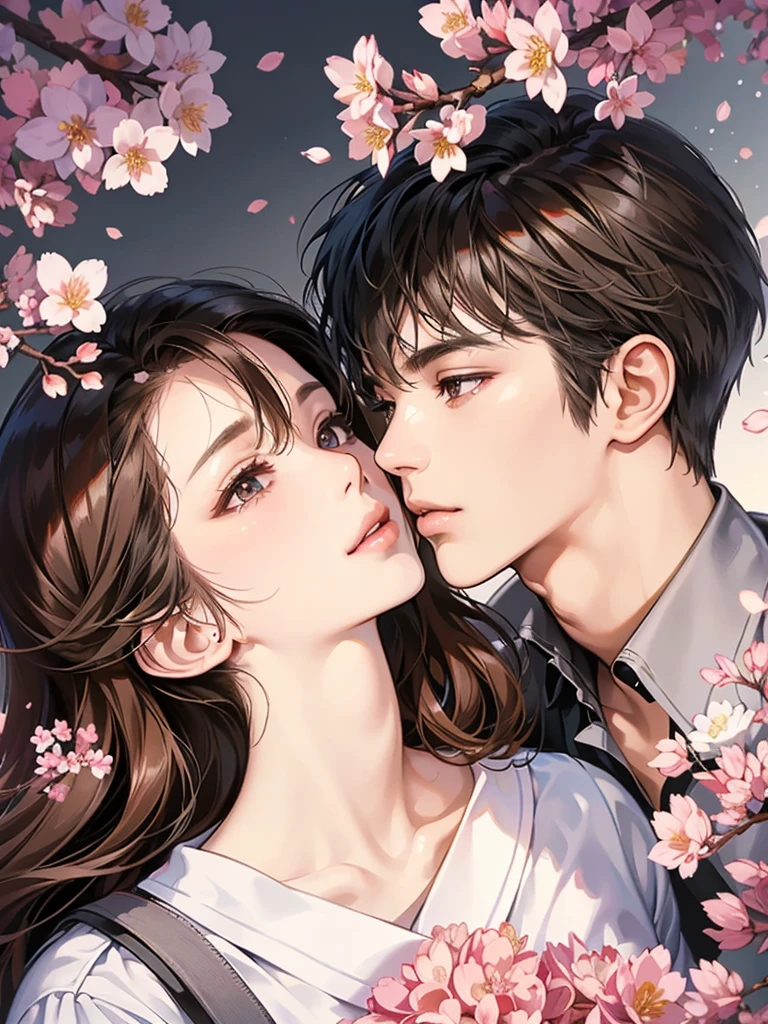 (masutepiece, Digital Art, Digital Illustration, 4K, 8K, Ultra-detailed, beautiful image, Sharp Image, Photorealistic, Raw photo, Perfect face, Perfect lines, Perfect eyes, Soft lighting) , a couple, 1 girl 1 boy, Hair color is different, Medium brown hair and brown eyes, Short black hair and gray eyes, Romance, Lie on the ground, See the cherry blossoms、the kiss、Kissing、couple kissing、a couple、Lip touch