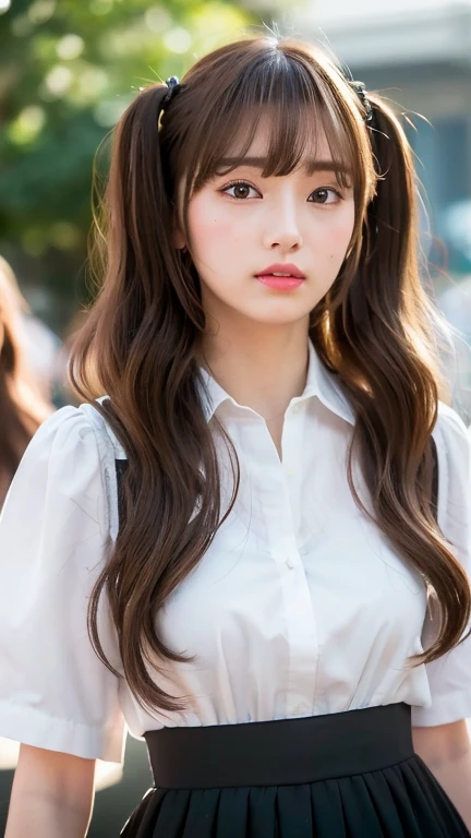 (8k、Highest quality、masterpiece、Ultra-high resolution、High resolution face:1.3)、Portraiture、(20-year-old girl:1.3)、Bokeh Depth of Field、between、Very detailed、Ultra-high resolution、(Realistic、Realistic photos:1.37)、1 girl、(18:1.2)、、cute、Realistic body、White skin、Glowing Skin、the body is slim、Handsome body、Brown haired、(Blunt bangs:1.2)、Classic wavy long hair、 (Hmph:1.3),cute、cutefaces、look up、Delicate eyes、Lace shirt、Black clothes、skirt、Looking into the camera、Tsundere、Twin tails、Rabbit makeup、Don't laugh、Sad face、look up、indoor、Little watery eyes、(Take a selfie in the mirror)、((Take off your clothes and show your breasts))