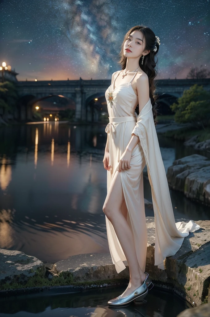 (((best quality))),(((ultra detailed))),(((masterpiece))),illustration,((1 beautiful girl,solo)),(shoulder length straight hair:1.2),((earrings,necklace)),((slim,thin)),((small breasts,flat chest)),(gorgeous sheer red Hanfu:1.3),(slender legs:1.2),(loafers:1.2),(standing:1.3),(on the stone arch bridge:1.3),((starry sky,the Milky Way,horizon)),elegance, grace, sophisticated updo, delicate hairpins, twinkling stars, radiant smile, bright eyes, wonder, beauty of the night sky, intricate patterns, flowers, birds, vibrant colors, ethereal, enchanting, old bridge, weathered, sturdy, natural surroundings, serene, peaceful atmosphere, rippling water, stars, graceful silhouette, magic, tranquility, twinkling stars, mesmerizing canopy of light, cool air, crisp, faint scent of blooming flowers, contemplation, admiration, ancient China, timeless, rich culture, traditions, captivating, enchanting atmosphere, myth, legend,((from front,full body))