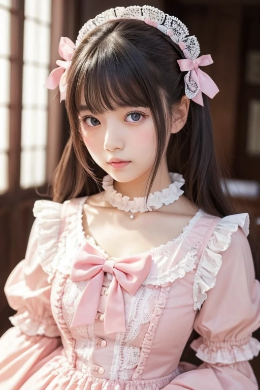 A 25-year-old Japanese woman wearing sweet Lolita fashion in pink. She has large, almond-shaped eyes with an intense gaze. Her hairstyle features thick bangs that completely cover her eyebrows. The scene should emphasize the intricate details of her outfit, highlighting the frills, bows, and lace typical of sweet Lolita fashion. The overall atmosphere is cute and elegant, with a focus on the pastel pink tones of her clothing and the captivating features of her eyes.