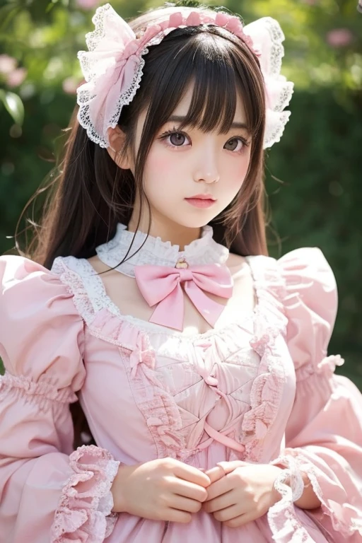 A 25-year-old Japanese woman wearing sweet Lolita fashion in pink. She has large, almond-shaped eyes with an intense gaze. Her hairstyle features thick bangs that completely cover her eyebrows. The scene should emphasize the intricate details of her outfit, highlighting the frills, bows, and lace typical of sweet Lolita fashion. The overall atmosphere is cute and elegant, with a focus on the pastel pink tones of her clothing and the captivating features of her eyes.