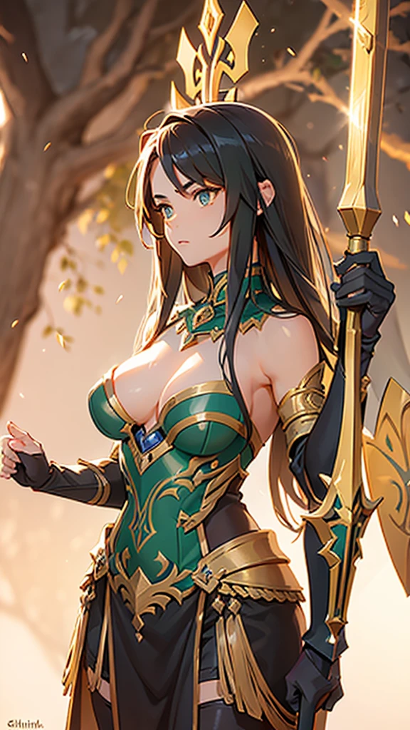 A young warrior, , with long, flowing black hair and striking dark green eyes. She has a strong yet graceful build, reflecting her intense training. Her face is sculpted with delicate features, a defined jawline, and slightly rounded cheekbones. Lunaris is wearing a combination of lightweight, enchanted armor with intricate designs. The armor is adorned with symbols of light and protection. She carries a beautifully crafted bow on her back and a shimmering, enchanted sword at her side. The background is a lush, mystical forest, hinting at her deep connection with the spirits of the forest.