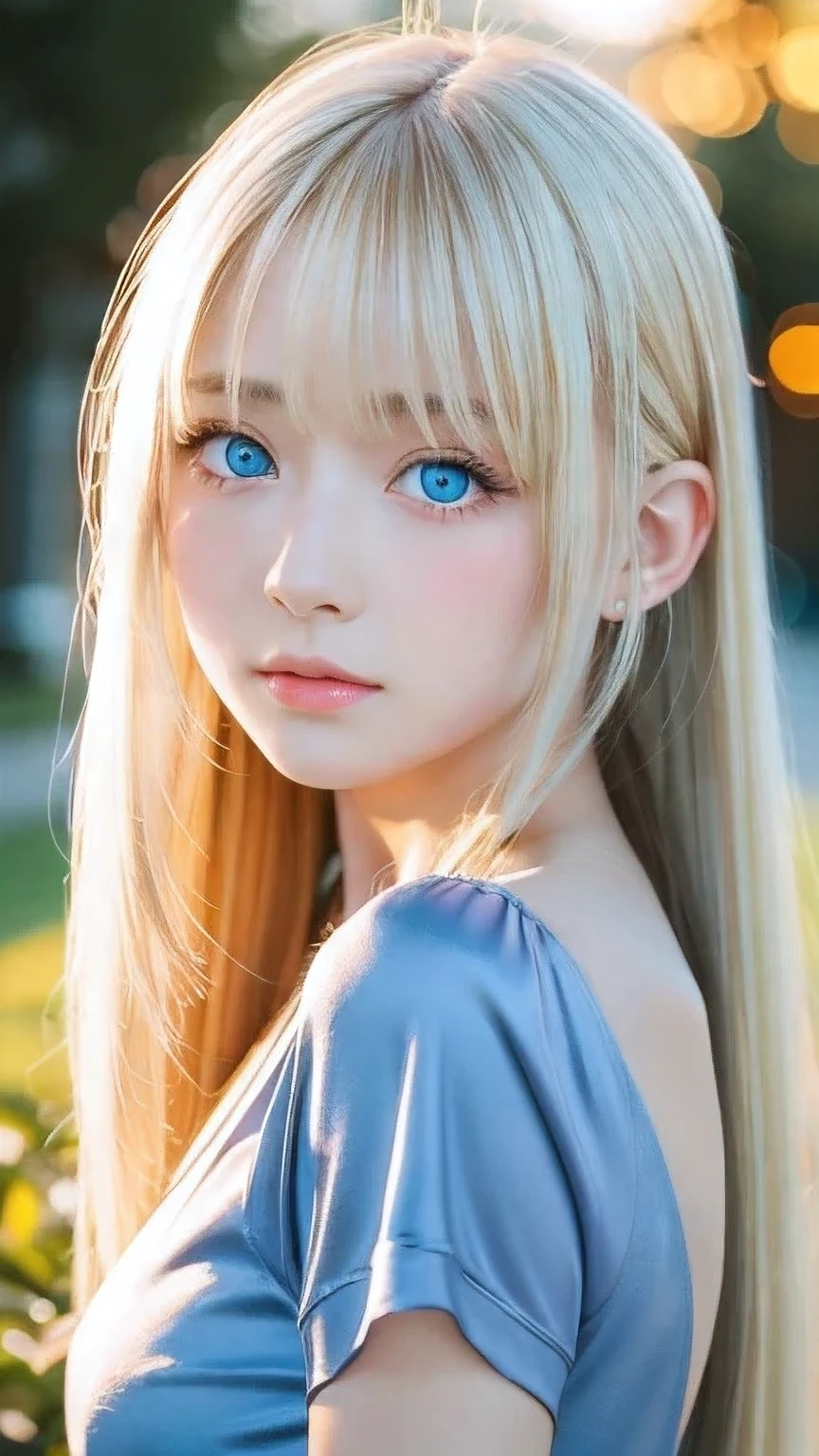 clear shiny skin、13 years old cute sexy little beautiful face、very large and beautiful bright pale sky blue eyes、Very big eyes、Straight long hair that shines in the light、Long, silky bangs that cover her cute eyes、Sexy face hiding hair、Too long hair、sexy cute young beautiful girl、Super long natural young blonde hair with sparkling light highlights Blonde hair above the eyes Blonde hair above one eye、Blonde hair between the eyes、