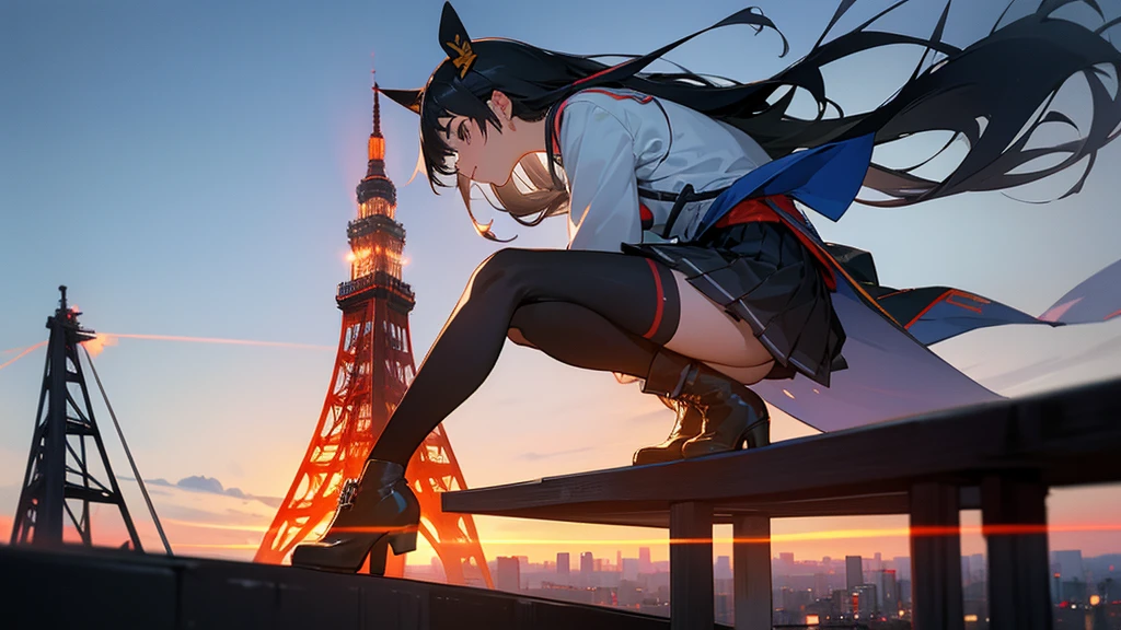 Capture the unique essence of Tokyo by combining the iconic Tokyo Tower with the iconic silhouette of Mount Fuji、"anime"Wind Blue and black hair color Long Hair Accessories Headphones anime顔 socks black tights Boots student boots