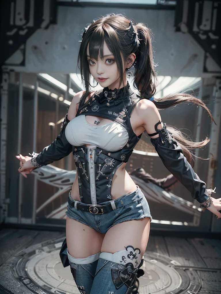 (Full body view:1.4)、(Side view:1.1)、(Smiling with teeth showing:1.3),(Shibuya Gal:1.5)、(Gothic Lolita style fashion:1.5)、(Punk RockVisual Kei:1.5)、(Wearing a rhythmic gymnastics bodysuit with intricate details:1.4)、(Racing suit and pants with delicate decorations in white, denim and charcoal:1.5)、(Denim and light blue and white boots:1.3)、((belt))、(Numerous delicate logo marks all over the costume:1.4)、(collar:1.3)、(Striped underwear:1.5)、20-year-old、NSFW、((Highest quality、In 8K、masterpiece:1.3))、Sharp focus:1.2、(Layered Cut、Huge boobs:1.1),Beautiful woman with perfect figure:1.4、(Dancing vigorously:1.3)、Slender Abs:1.2、Highly detailed face and skin texture、Detailed eyes、double eyelid,(Twin tails:1.3)、(Brown Hair:1.3)、Gravure idol、(The background is the stage of the fashion show:1.3)、(Slim Body:1.3),(Make your legs thinner:1.4),(clavicle:1.1)、(Thin and slim thighs:1.4)