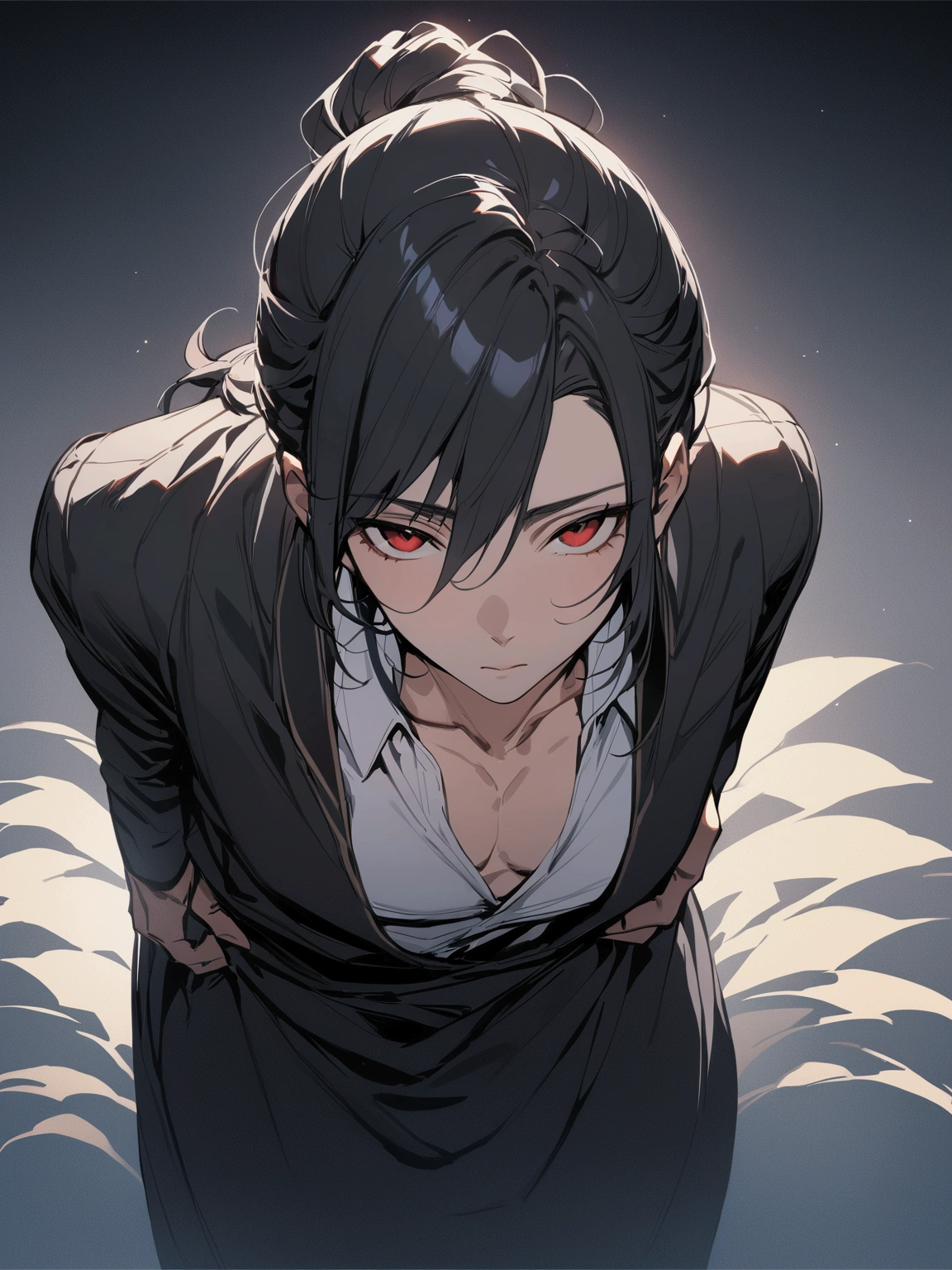 ((masterpiece)), ((best quality)), (from front,facing front:1.39), (half-body shot:1.4), 1man, adult male, mature male, solo, wide shoulder, flat face, ponytail tied long black hair, red eyes, white shirt, black cloak, looking at viewers