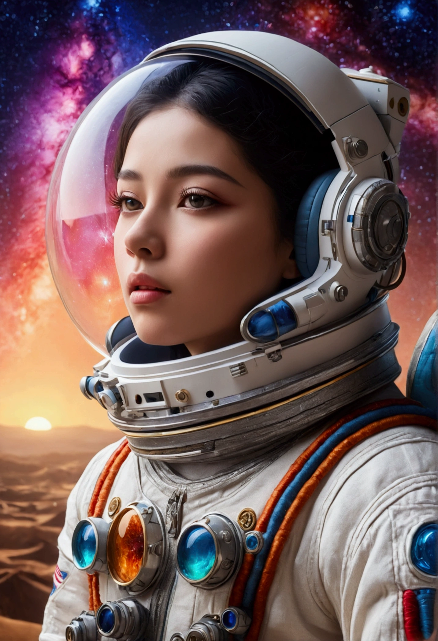 best quality, masterpiece, Ultra-high resolution,High-resolution details, (Reality:1.4), Surrealism, Like a dream,masterpiece,8K,lifelike,
Astronaut lost in a fantasy galaxy, A few shining stars,Colorful fantasy planet,
Embroidery style,Front view,Suffocating,Immersive,Unique,Reasonable composition