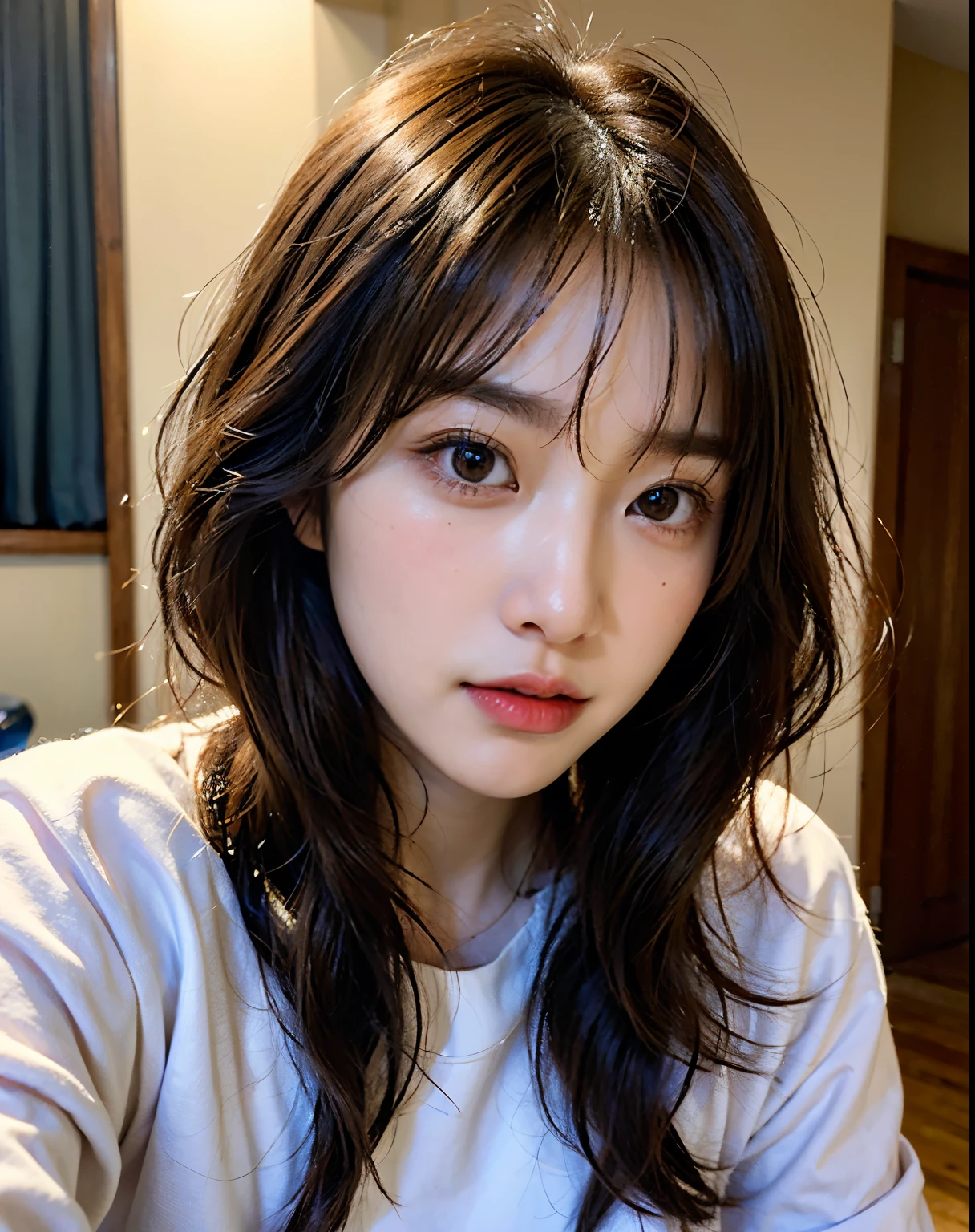((close up:1.2)) best quality,masterpiece,Ultra-high resolution,(Reality:1.4),RAW photos,(Real skin texture:1.3),(Film Grain:1.3),panoramic,Face Shooting,night,(()),Tears streaming down my face,,dust,Tyndall effect,(Express),1 Girl,Beautiful and detailed eyes and face,Brown eyes,Looking at the audience ((Brown hair:1.2)) ((Long hair))　((Half French，Half Korean:1.3)) ((at my house:1.2))((Facing the camera:1.3))((Face Shooting:1.3))((head shot:1.3))((blush:1.3))