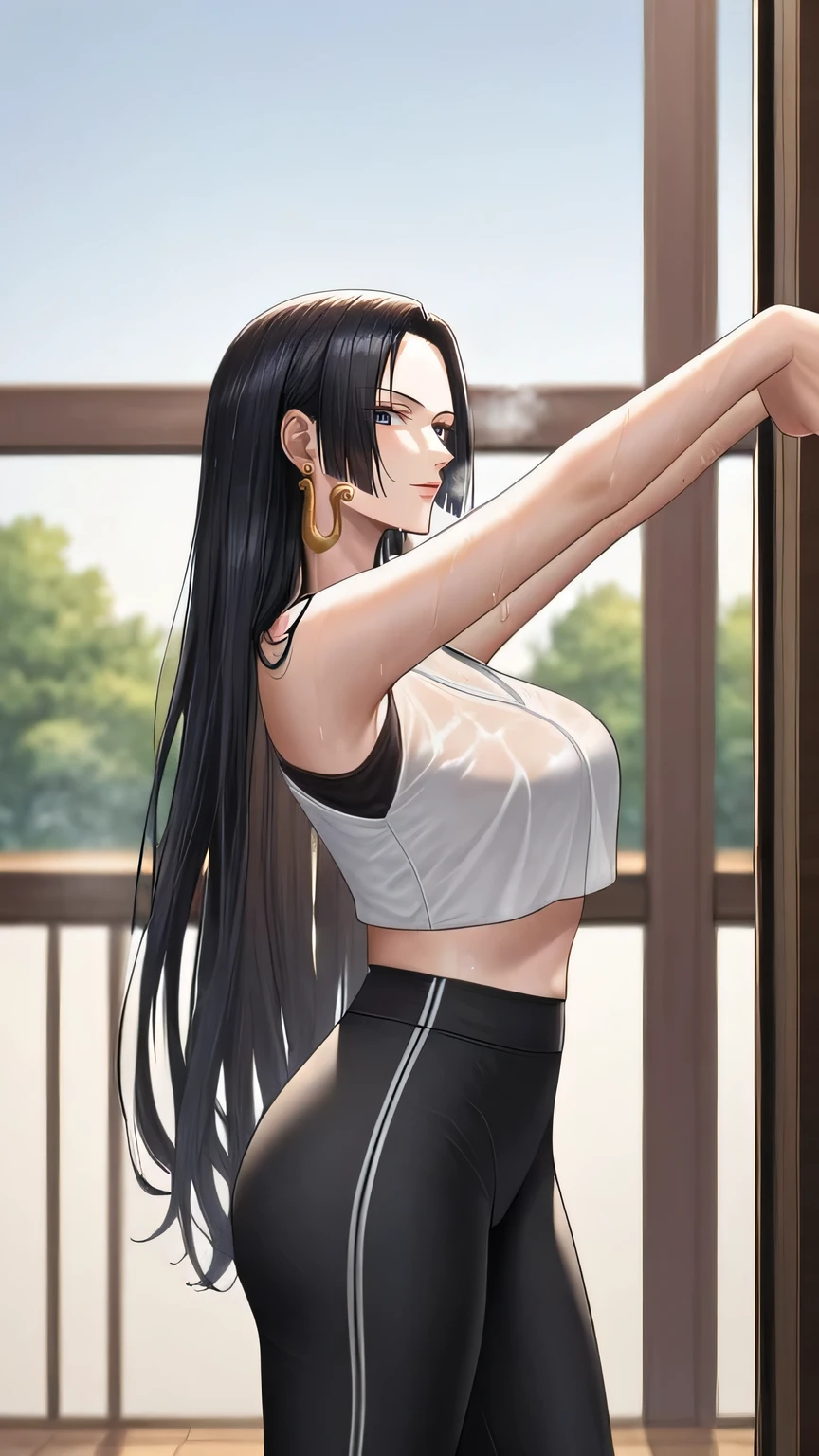 source_anime,score_9,score_8_up, score_7_up, 1girl,solo,outdoors,one piece, mature woman, boa hancock, long hair, very long hair, black hair, shinny hair, shirt, Crop top, white shirt, yoga pants, black yoga pants, standing, twerk, Stretching, gym, indoors, wet clothes, heavy breath , looking at viewer, cowboy shot 