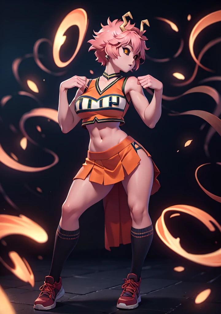 mina ashido, 1girl, solo, looking at viewer, short hair, simple background, yellow eyes, pink hair, horns, colored skin, colored sclera, black sclera, pink skin, U.A. CheerUniform, orange skirt, (bare belly), perfect shading, bare shoulders, big breasts