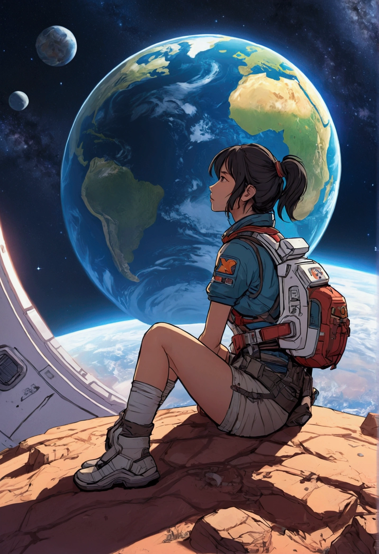 Anime Type、Girl sitting on the ground looking at the planet、Space Cowboys、サイバーSpace Cowboys、Inspired by Josan Gonzalez、Xin Haicheng（Apexlegends）、Akira art style、Rosstranstil、Akira Vibes、Akira art style、Simple Background