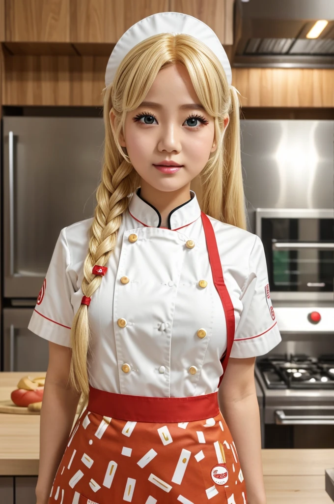 A blonde doll with almond eyes, wearing a hamburger uniform inspired by Soyeon from (g)I-DLE en su video "Beam Beam". The uniform must include a red and white apron, a chef's cap and the name MIKA on the lapel.