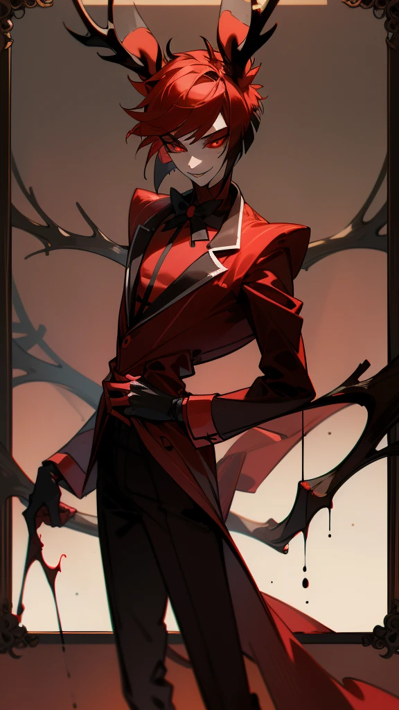 1 boy, man, perfect anatomy, mesmerizing red eyes, antlers, 8k resolution, (one person), red suit, (realism: 1.2), (masterpiece: 1.2), (cowboy frame: 1.2), dark romantic lighting, (high detail: 1.2), (detailed face: 1.2), (full body shot: 1.2), (gradients), bright, detailed eyes, (natural light: 1.2),solo, hotel, indoors, perfect lighting, (black lips), vampire fangs, deer ears, red jacket, red eyes, perfect facial features, perfect angle, perfectly drawn eyes, man, smile, full-length, unbuttoned shirt, skinny