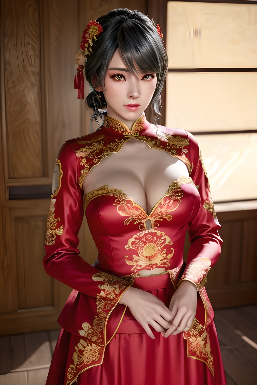 1girl, red cheongsam dress, embroidered floral details, long sleeves, high collar, long skirt, flowing fabric, traditional Chinese bridal attire, elegant jewelry, pearl necklace, bangle bracelets, graceful pose, prominent cleavage, large bust, beautiful eyes, full lips, detailed facial features, photorealistic, dramatic lighting, warm color palette, cinematic composition, (best quality,8k,highres,masterpiece:1.2),ultra-detailed,(realistic,photorealistic,photo-realistic:1.37),studio lighting,ultra-fine painting,sharp focus,physically-based rendering,extreme detail description,professional,vivid colors