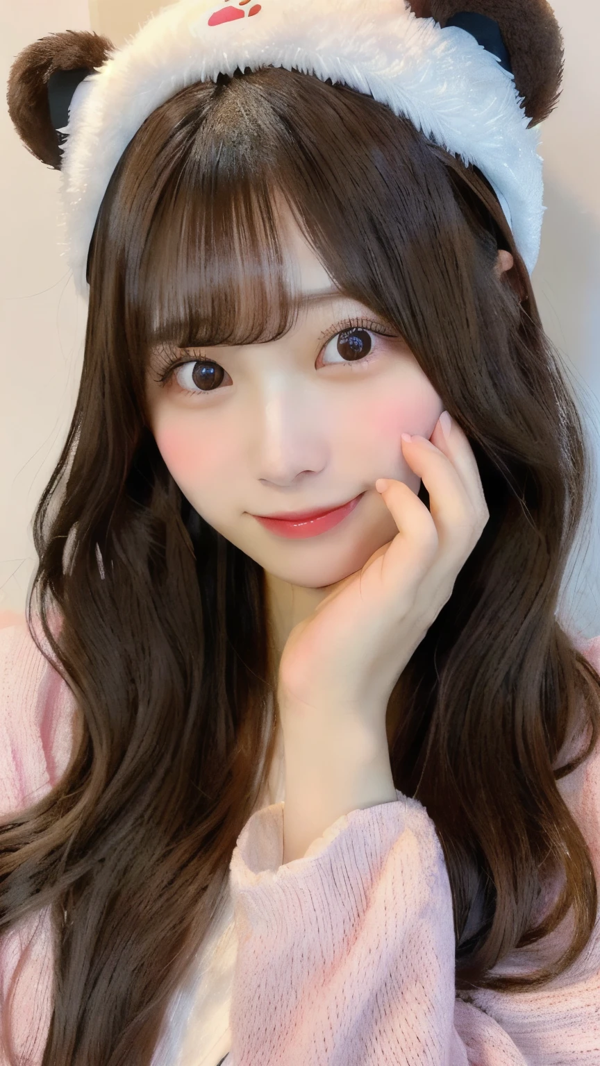 A woman wearing a bear headband talking on a mobile phone, Japanese,Chiho, Yoshitomo Nara, shikamimi, With a cute - lovely - face, sakimichan, A clear and pretty face, Brown hair and bangs, Ulzzang, My motto is Teshirogi, Fluffy bangs, Neat hairstyle with bangs