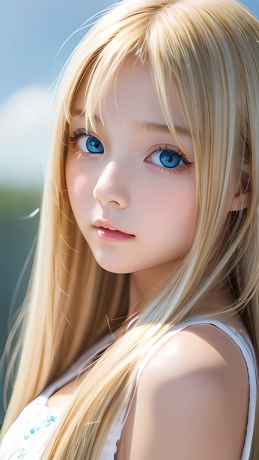 clear shiny skin、13 years old cute sexy little beautiful face、very large and beautiful bright pale sky blue eyes、Very big eyes、Straight long hair that shines in the light、Long, silky bangs that cover her cute eyes、Sexy face hiding hair、Too long hair、sexy cute young beautiful girl、Super long natural young blonde hair with sparkling light highlights Blonde hair above the eyes Blonde hair above one eye、Blonde hair between the eyes、