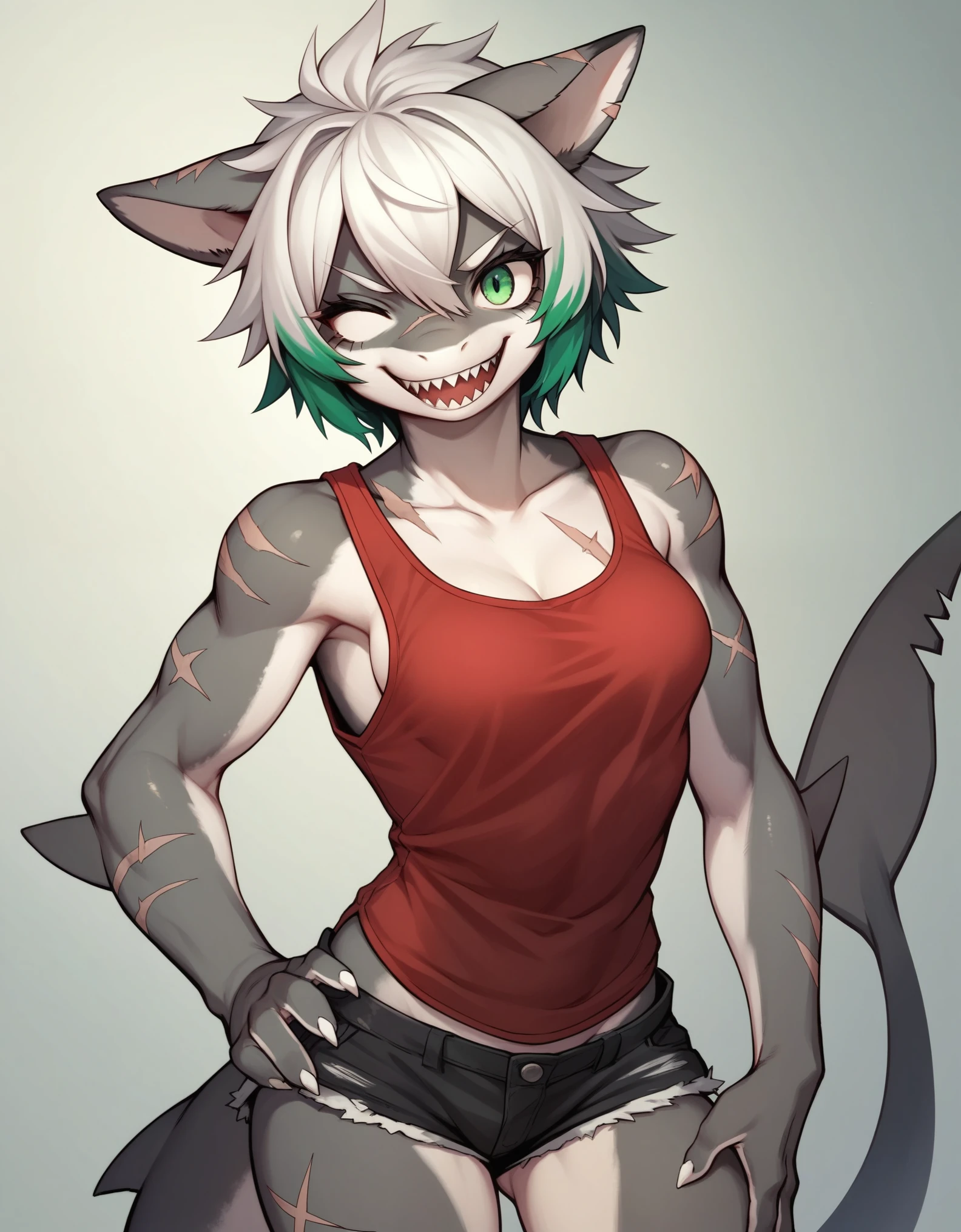Solo, Score_9, score_8, score_7, kemono style, a cute gray anthro shark girl, shark ears, sharp teeth, green eyes, winking, short white hair, green highlights on hair, red tank top, jean short shorts, Grey body, standing, posing, athletic body, small scars on body, white claws