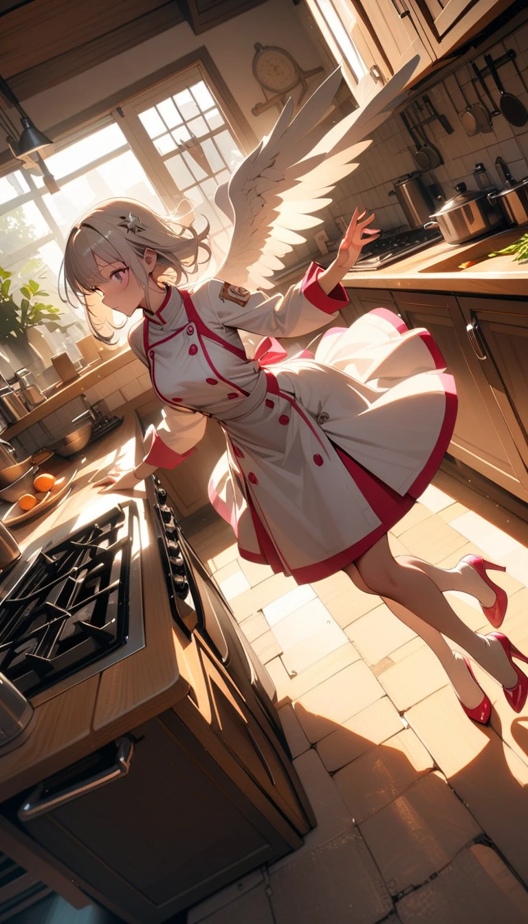 ((best quality)) , ((masterpiece)) , (detailed),1 female,(sunlight),(angel),dynamic angle, floating, wing, Halation, floating white silk,(Holy Light),silver stars,kitchen,Female chef,High heel,((whole body))