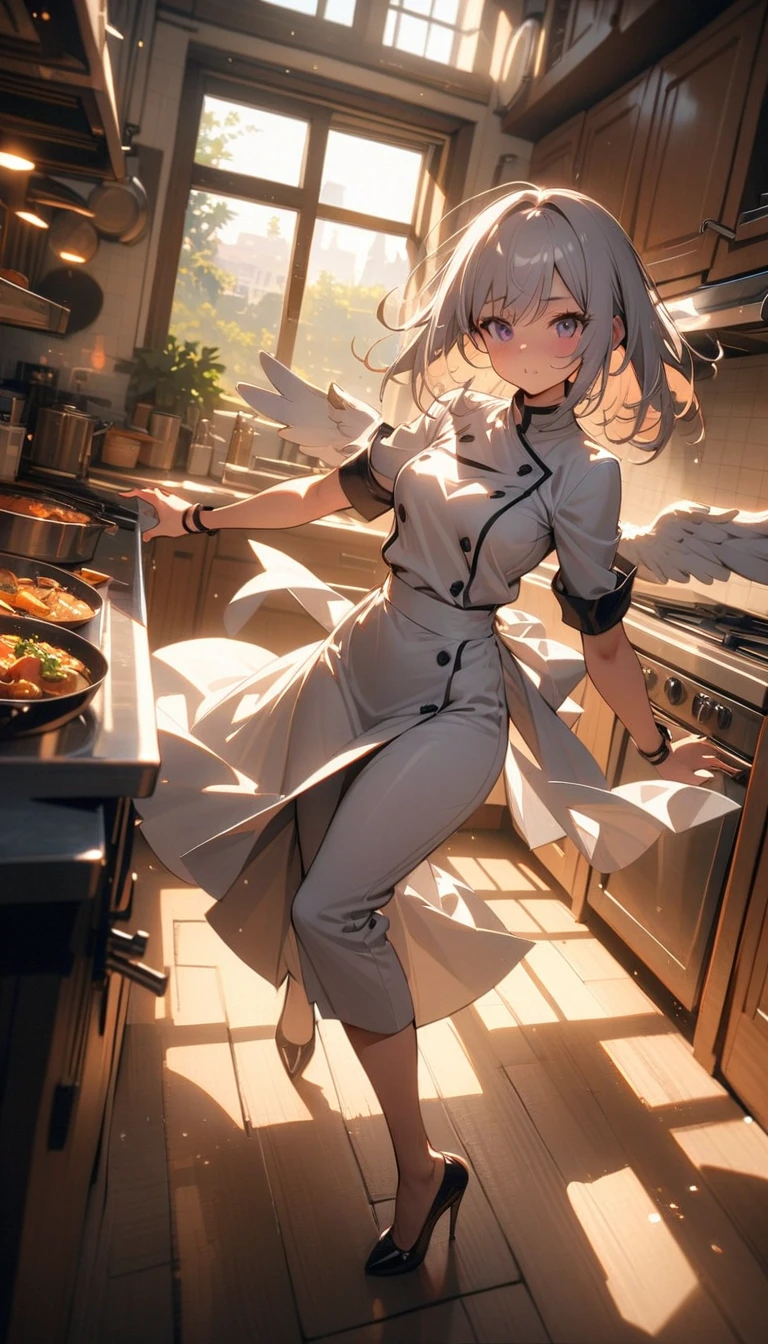 ((best quality)) , ((masterpiece)) , (detailed),1 female,(sunlight),(angel),dynamic angle, floating, wing, Halation, floating white silk,(Holy Light),silver stars,kitchen,Female chef,High heel,((whole body))