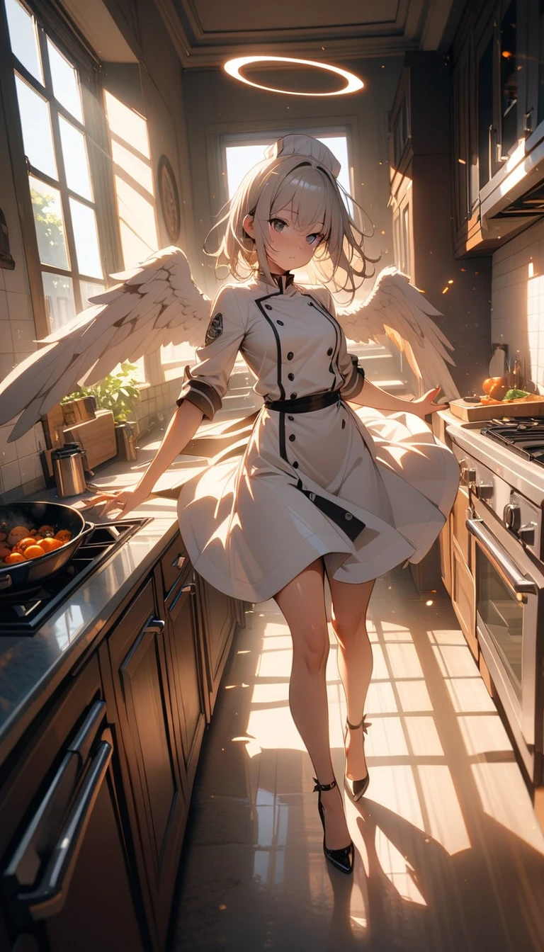 ((best quality)) , ((masterpiece)) , (detailed),1 female,(sunlight),(angel),dynamic angle, floating, wing, Halation, floating white silk,(Holy Light),silver stars,kitchen,Female chef,High heel,((whole body))