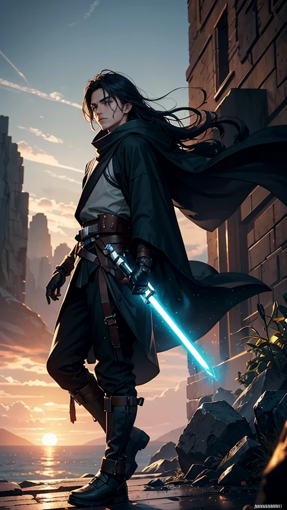 Create a highly realistic, cinematographic portrait of **CENGİZHAN**, a young male hero from the Star Wars universe. CENGİZHAN ist ein mutiger und entschlossener Mann im Alter von etwa 23 yearsn. He has a wild, but sympathetic charisma.
**Details:**
- **Face and expression:**
- Alter: 23 years.
- Skin color: Helle, slightly tanned skin.
- Eyes: size, expressive brown eyes with a touch of determination and curiosity.
- Hair: Short, dark hair, slightly disheveled, which give it an untamed look.
- Expression: A brave, determined look with a touch of innocence and adventurous spirit.
- **Clothing and equipment:**
- Wears a mix of traditional Star Wars clothing and Sith robe.
- A simple, but robust helmet - A worn, leather tunic and matching trousers, which offer both freedom of movement and protection.
- A double-bladed lightsaber with green and red color
- **backdrop:**
- A rough, dirty ship in the universe with asteriods
- Im backdrop sind verfallene Gebäude und Teile abgestürzter Raumschiffe zu sehen, that create a post-apocalyptic atmosphere.
- **Light and atmosphere:**
- Warmes, golden light of the setting sun, das das Gesicht von CENGİZHAN sanft beleuchtet und seine Entschlossenheit betont.
- Dust and sand, which swirl gently through the air and create a mystical, create an epic atmosphere.
- Deep shadows, which enhance the contrast between light and darkness and give the image a dramatic touch.
**Additional Notes:**
- Pay attention to a high level of detail in the depiction of Cengizhan's facial features and his clothing. The image should have a cinematic quality, as if it were a still from an epic Star Wars movie. The atmosphere should convey excitement and a sense of adventure.