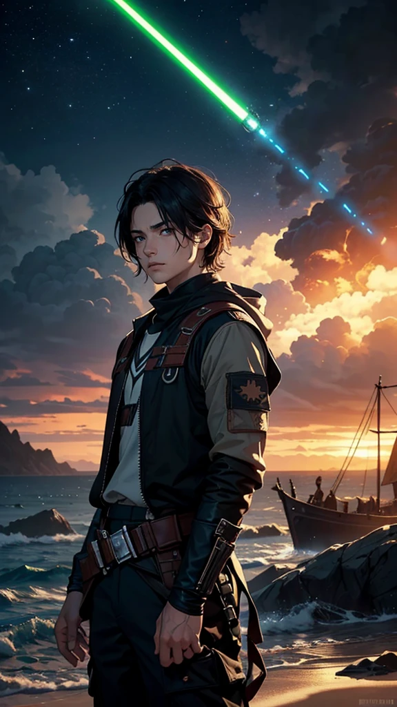 Create a highly realistic, cinematographic portrait of **CENGİZHAN**, a young male hero from the Star Wars universe. CENGİZHAN ist ein mutiger und entschlossener Mann im Alter von etwa 23 yearsn. He has a wild, but sympathetic charisma.
**Details:**
- **Face and expression:**
- Alter: 23 years.
- Skin color: Helle, slightly tanned skin.
- Eyes: size, expressive brown eyes with a touch of determination and curiosity.
- Hair: Short, dark hair, slightly disheveled, which give it an untamed look.
- Expression: A brave, determined look with a touch of innocence and adventurous spirit.
- **Clothing and equipment:**
- Wears a mix of traditional Star Wars clothing and Sith robe.
- A simple, but robust helmet - A worn, leather tunic and matching trousers, which offer both freedom of movement and protection.
- A double-bladed lightsaber with green and red color
- **backdrop:**
- A rough, dirty ship in the universe with asteriods
- Im backdrop sind verfallene Gebäude und Teile abgestürzter Raumschiffe zu sehen, that create a post-apocalyptic atmosphere.
- **Light and atmosphere:**
- Warmes, golden light of the setting sun, das das Gesicht von CENGİZHAN sanft beleuchtet und seine Entschlossenheit betont.
- Dust and sand, which swirl gently through the air and create a mystical, create an epic atmosphere.
- Deep shadows, which enhance the contrast between light and darkness and give the image a dramatic touch.
**Additional Notes:**
- Pay attention to a high level of detail in the depiction of Cengizhan's facial features and his clothing. The image should have a cinematic quality, as if it were a still from an epic Star Wars movie. The atmosphere should convey excitement and a sense of adventure.