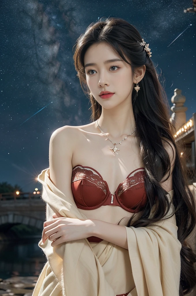 (((best quality))),(((ultra detailed))),(((masterpiece))),illustration,((1 beautiful girl,solo)),(shoulder length straight hair:1.2),((earrings,necklace)),((slim,thin)),((small breasts,flat chest)),(strapless gorgeous sheer red bra:1.3),(standing:1.3),(on the stone arch bridge:1.3),((starry sky,the Milky Way,horizon)),elegance, grace, sophisticated updo, delicate hairpins, twinkling stars, radiant smile, bright eyes, wonder, beauty of the night sky, intricate patterns, flowers, birds, vibrant colors, ethereal, enchanting, old bridge, weathered, sturdy, natural surroundings, serene, peaceful atmosphere, rippling water, stars, graceful silhouette, magic, tranquility, twinkling stars, mesmerizing canopy of light, cool air, crisp, faint scent of blooming flowers, contemplation, admiration, ancient China, timeless, rich culture, traditions, captivating, enchanting atmosphere, myth, legend,((from front,close-up of face))