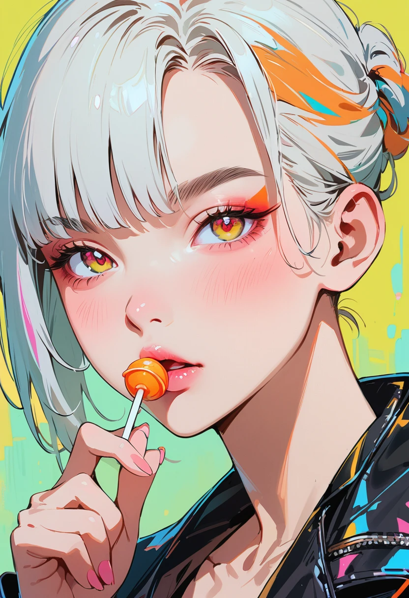 (masterpiece, best quality:1.4), 1 girl, solo, Anime style, Colorful pupils, Blurred eyes, With a lollipop, Pink lower lip, Cyberpunk style makeup, Orange lower eye shadow, Short silver asymmetrical hair, Asymmetrical short hairstyle, Long bangs on one side, Color highlights, Black off-the-shoulder leather jacket, Pure background.