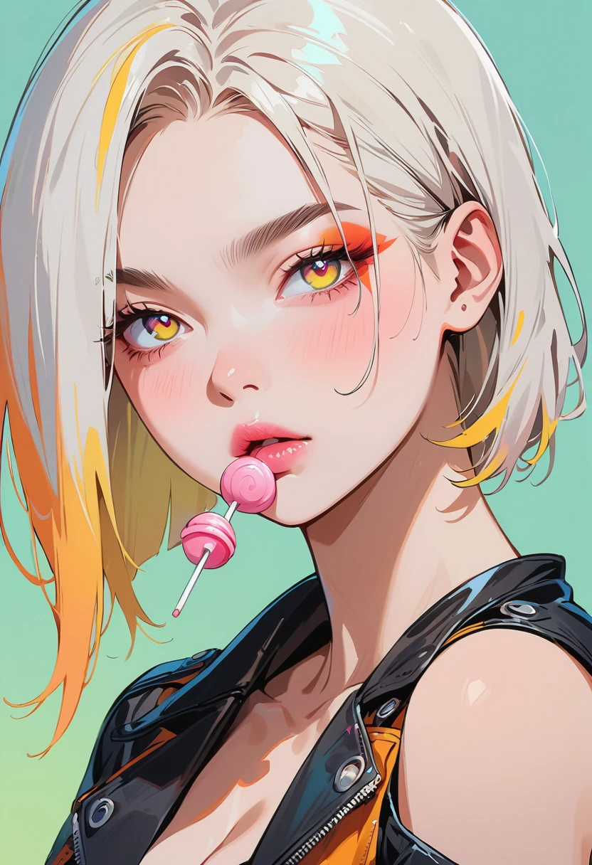 (masterpiece, best quality:1.4), 1 girl, solo, Anime style, Colored pupils, Blurred eyes, With a lollipop, Pink lower lip, Cyberpunk style makeup, Orange red lower eye shadow, Short silver asymmetrical hair, Asymmetrical short hairstyle, Long bangs on one side, Color highlights, Black off-the-shoulder leather jacket, Pure yellow background.