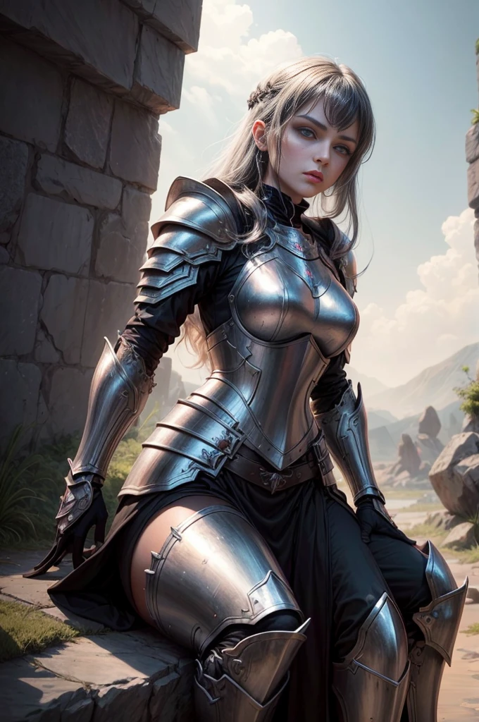 a woman with black hair and eyes, dressed in macabre armor with details of human bones, beautiful female paladin with long hair, night sky, red mist, river of blood, battlefield, icy gaze;