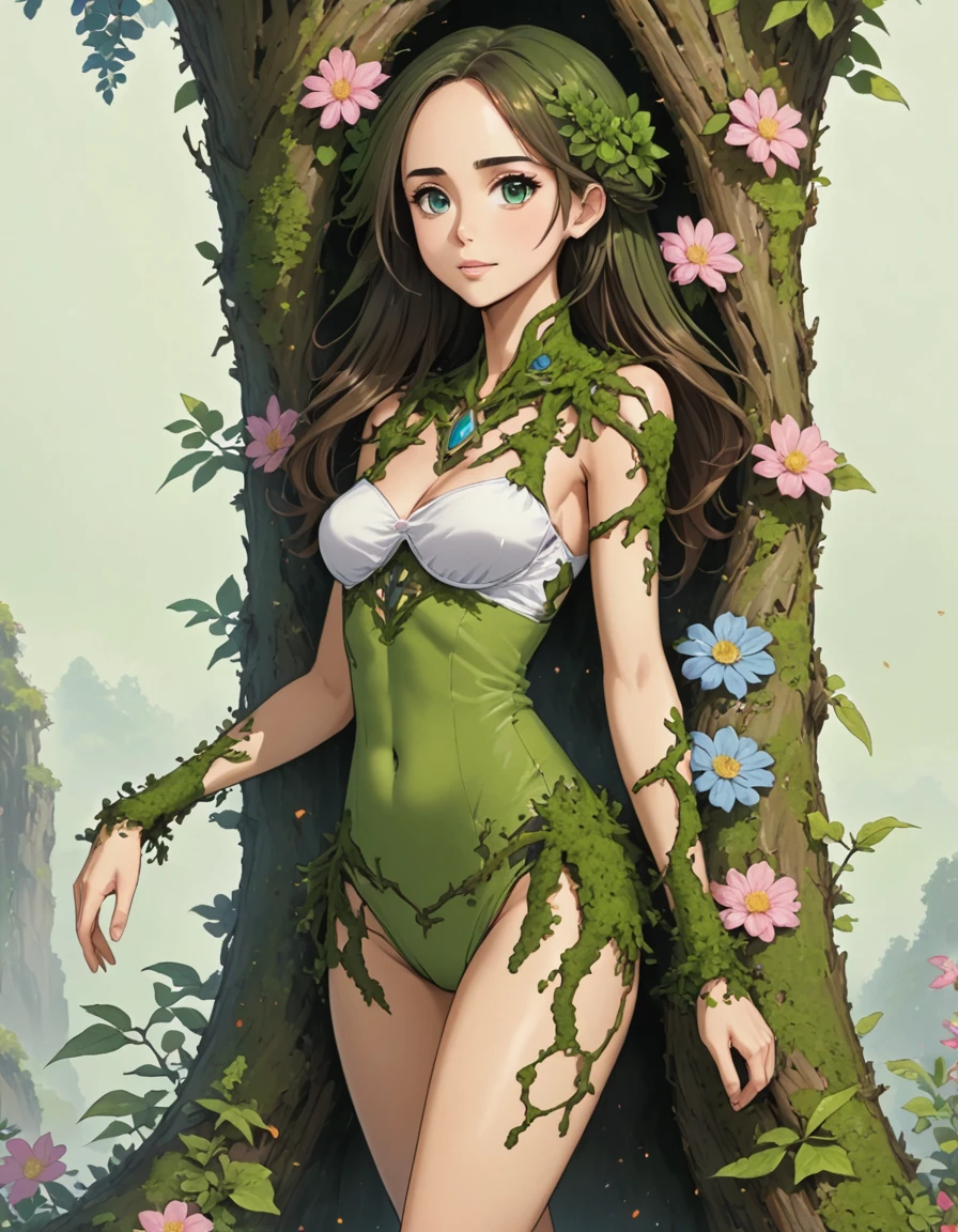 Plant based alien lifeform. covered in moss, bark, flowers. vine like limbs. Eliza Dushku