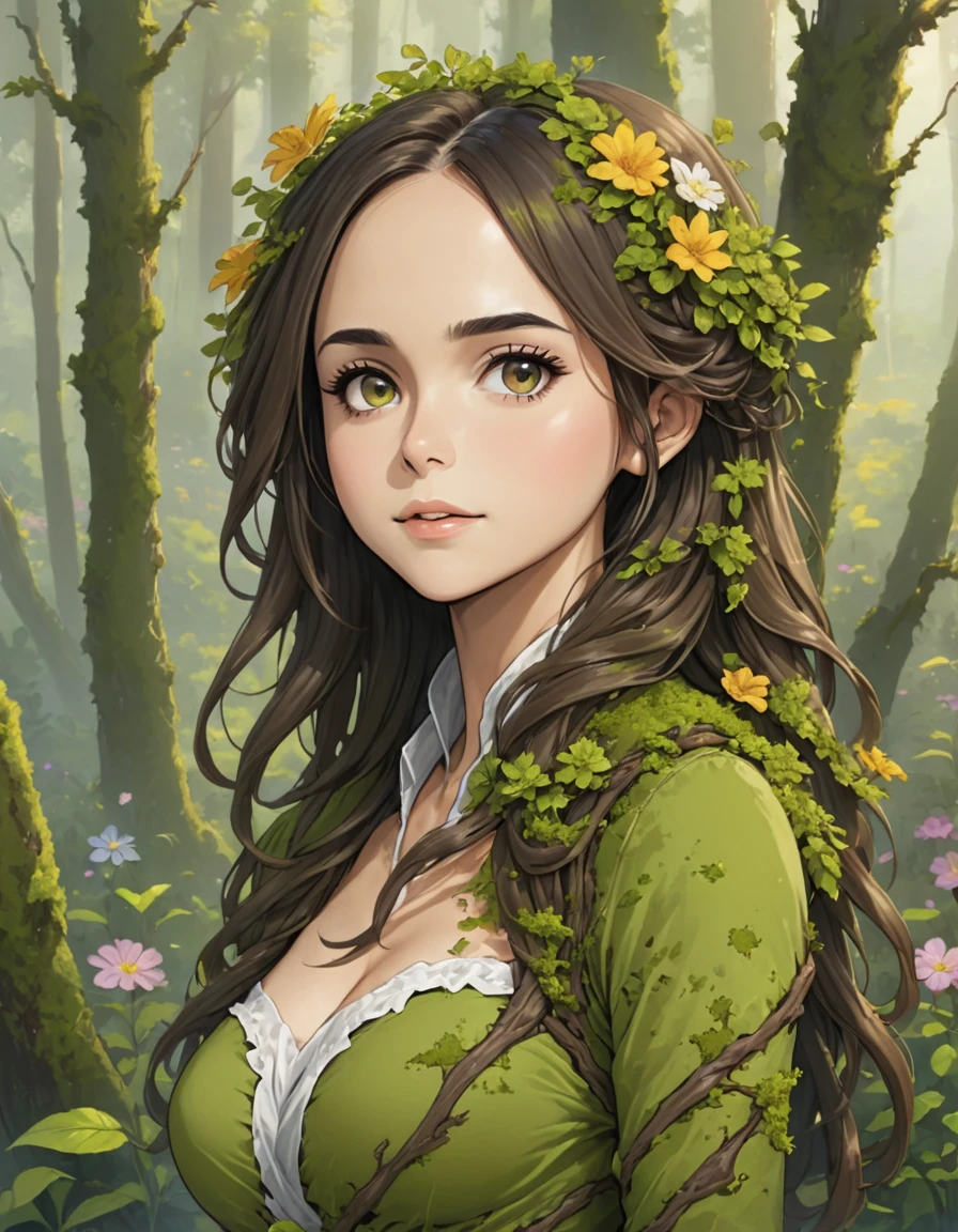 Plant based alien lifeform. covered in moss, bark, flowers. vine like limbs. Eliza Dushku
