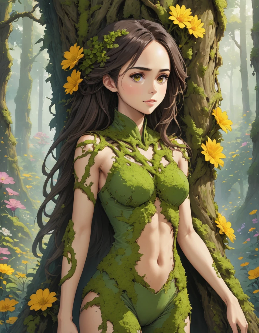 Plant based alien lifeform. covered in moss, bark, flowers. vine like limbs. Eliza Dushku
