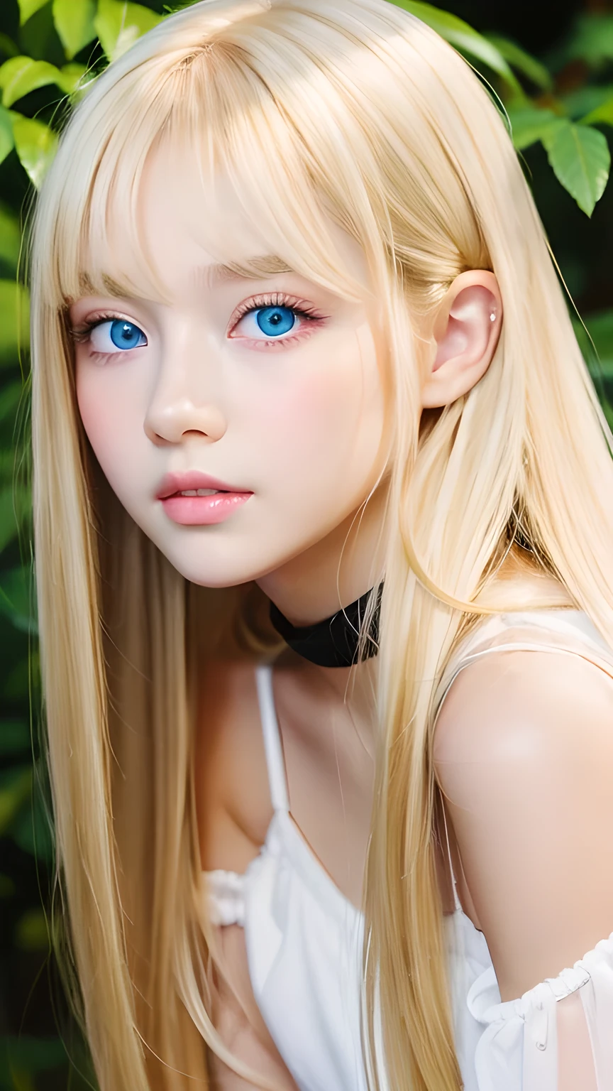 clear shiny skin、 cute sexy little beautiful face、very large and beautiful bright pale sky blue eyes、Very big eyes、Straight long hair that shines in the light、Long, silky bangs that cover her cute eyes、Sexy face hiding hair、Too long hair、sexy cute young beautiful girl、Super long natural young blonde hair with sparkling light highlights Blonde hair above the eyes Blonde hair above one eye、Blonde hair between the eyes、Cheek gloss highlighter