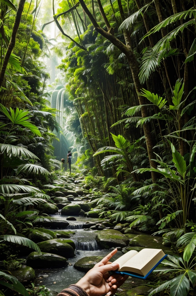 A person holding a book and a jungle emanates from the book