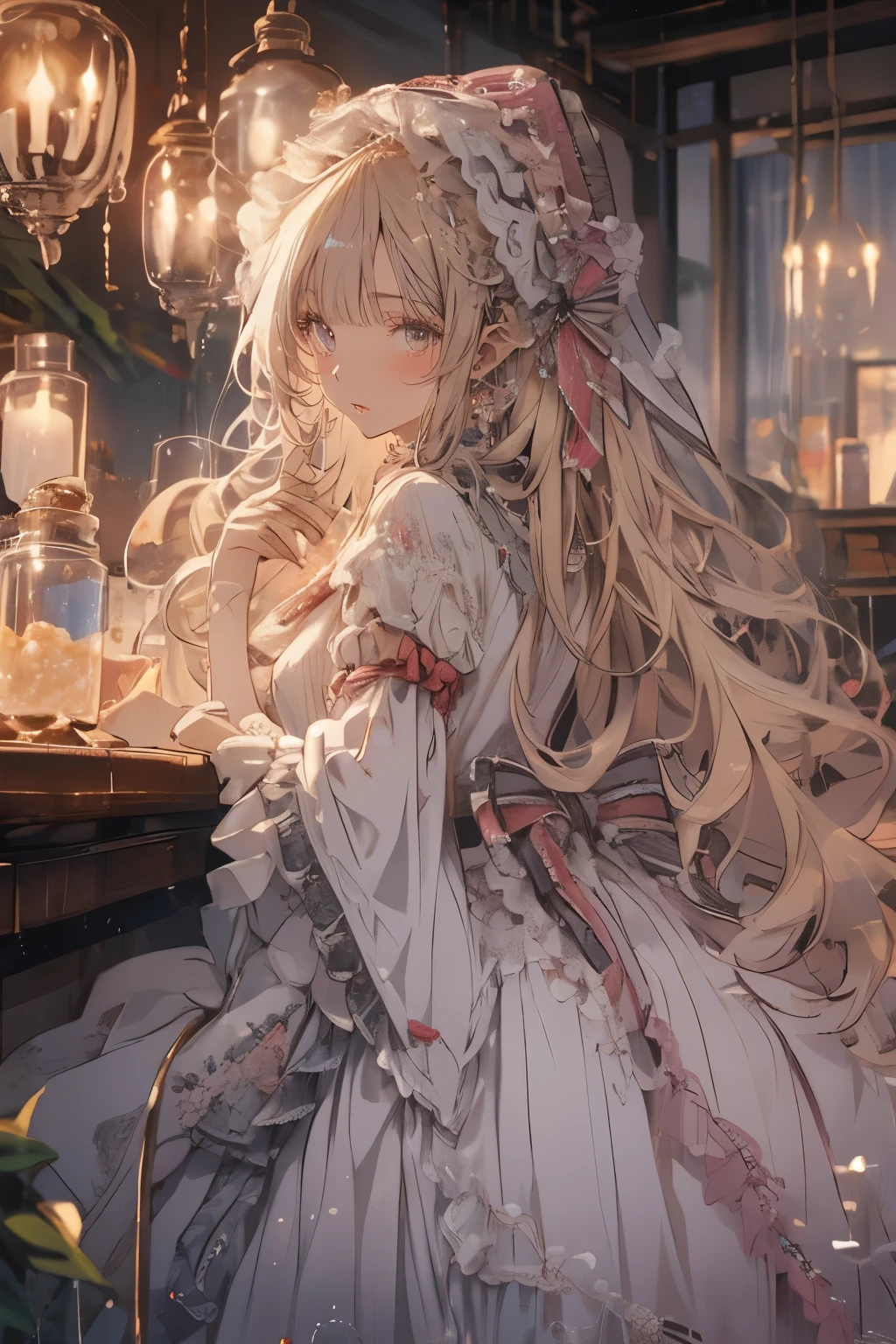 (Mastepiece)、(Best Quality)、Highly detailed face、Anime Girl、1 girl、ta Clothing、Fluffy long hair、Blonde