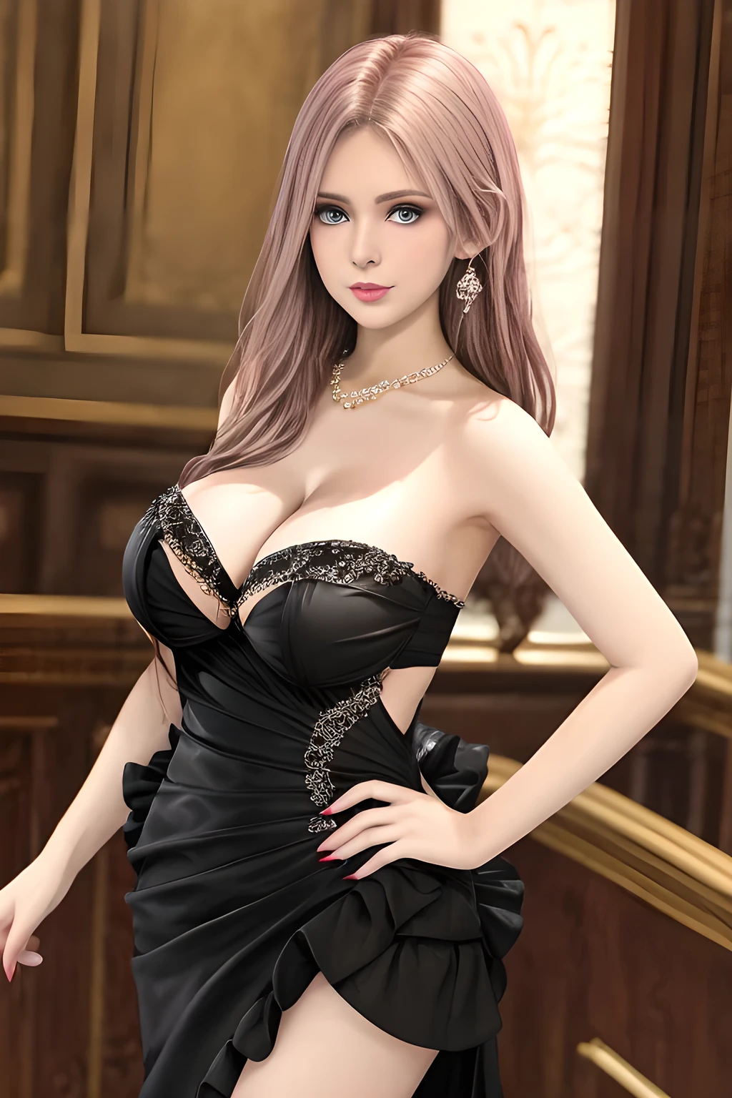 1girl is wearing an elegant black strapless dress. The dress is beautifully designed with ruching on the bodice and a cascading ruffled asymmetrical hem, adding a playful and chic touch to the outfit. The person is standing upright, with one hand gently touching their leg and the other hand relaxed by their side. The background is plain and neutral, drawing attention to the dress itself. The lighting is soft, highlighting the details of the dress and creating a fashionable and stylish atmosphere,, huge breasts, elise