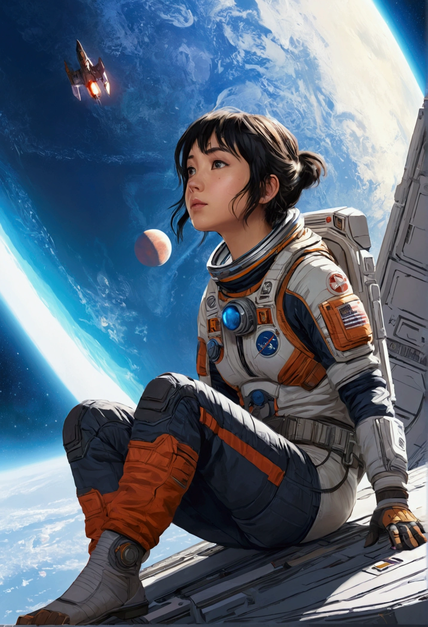 Anime Type、A girl sitting on the ground looking at a broken spaceship、Space Cowboys、サイバーSpace Cowboys、Josan Gonzalesに触発された、Xin Haicheng（Apexlegends）、Akira art style、Rosstranstil、Akira Vibes、Akira art style、Float next to the planet、Josan Gonzales、Sci-Fi Art!!!!!!、Josan Gonzales!!!、In space、