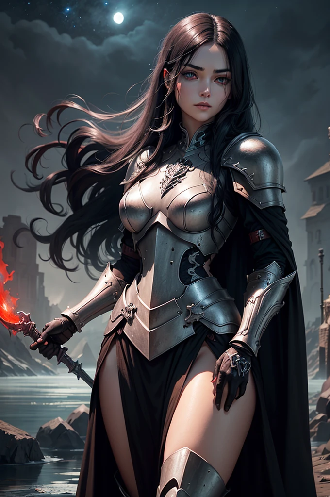 a woman with black hair and eyes, dressed in macabre armor with details of human bones, beautiful female paladin with long hair, night sky, red mist, river of blood, battlefield, icy gaze;