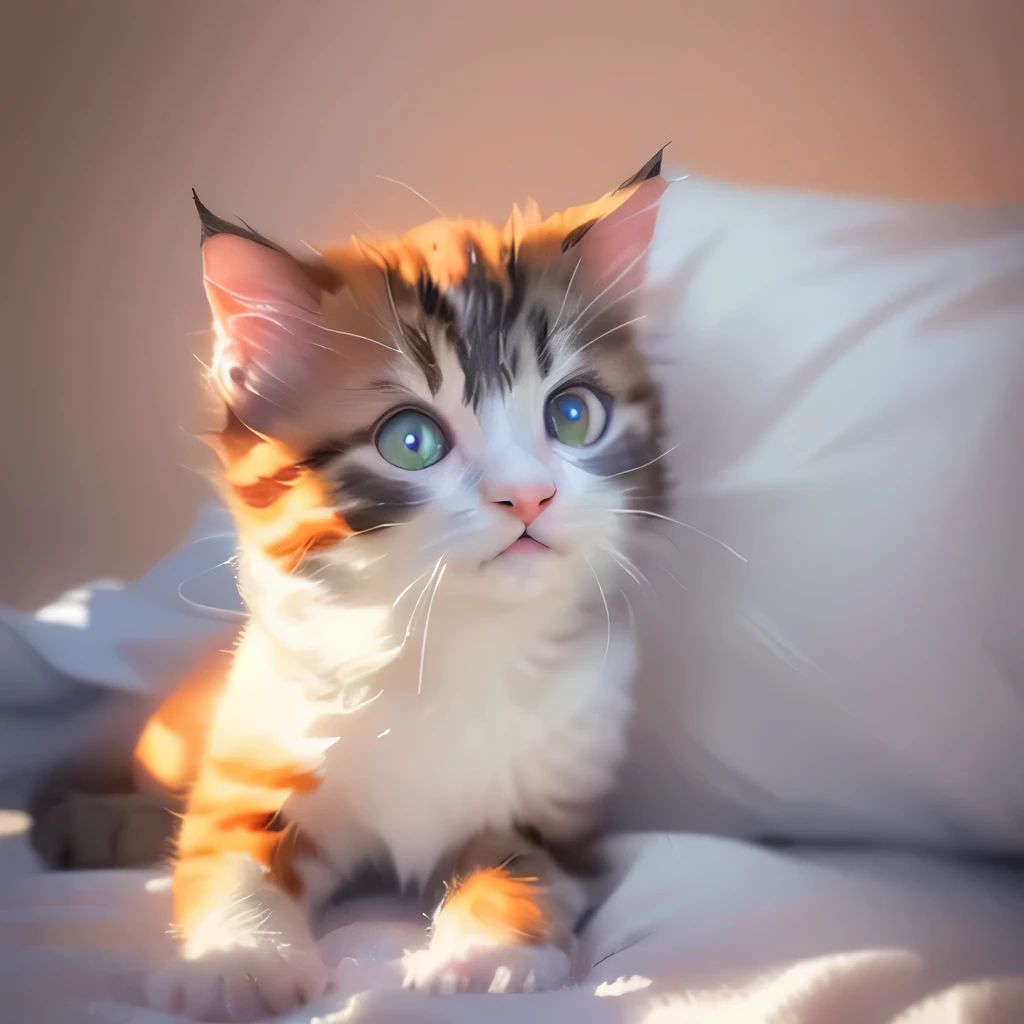 There is a little gray cat sitting on a white blanket, 一只Cute kitten, Cute kitten, cute cat photo, cute cat, a cute cat, Cute and adorable, Cute kittens, miniature kitten, Portrait of a kitten, 最Cute kitten, adorable animal, Cute and lovable, With cute and doting eyes, Lovely Lovely, ginger cat, A orange cat