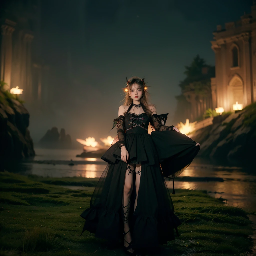 artistically refined, true-to-life visuals, breathtaking aesthetics, diffused natural skin glow, Girl , 24-years-old, slender, floating Medium Hair, bangs, (Gothic_punk dress:1.2), masterpiece, best quality, RAW Photos, candytt, zwd, (Midsummer Night's Dream:1.4)